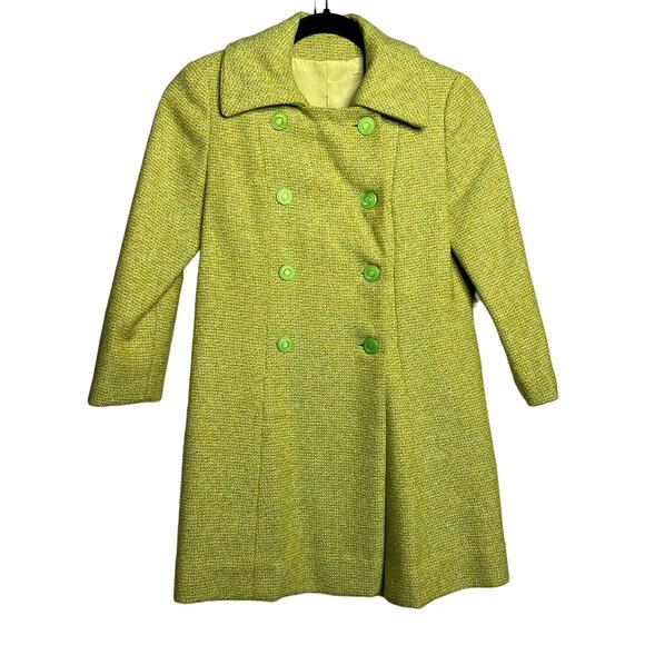 Vintage 60s Childrens Size 7 8 Green Double Breasted Wool Coat Button Front - Picture 1 of 10